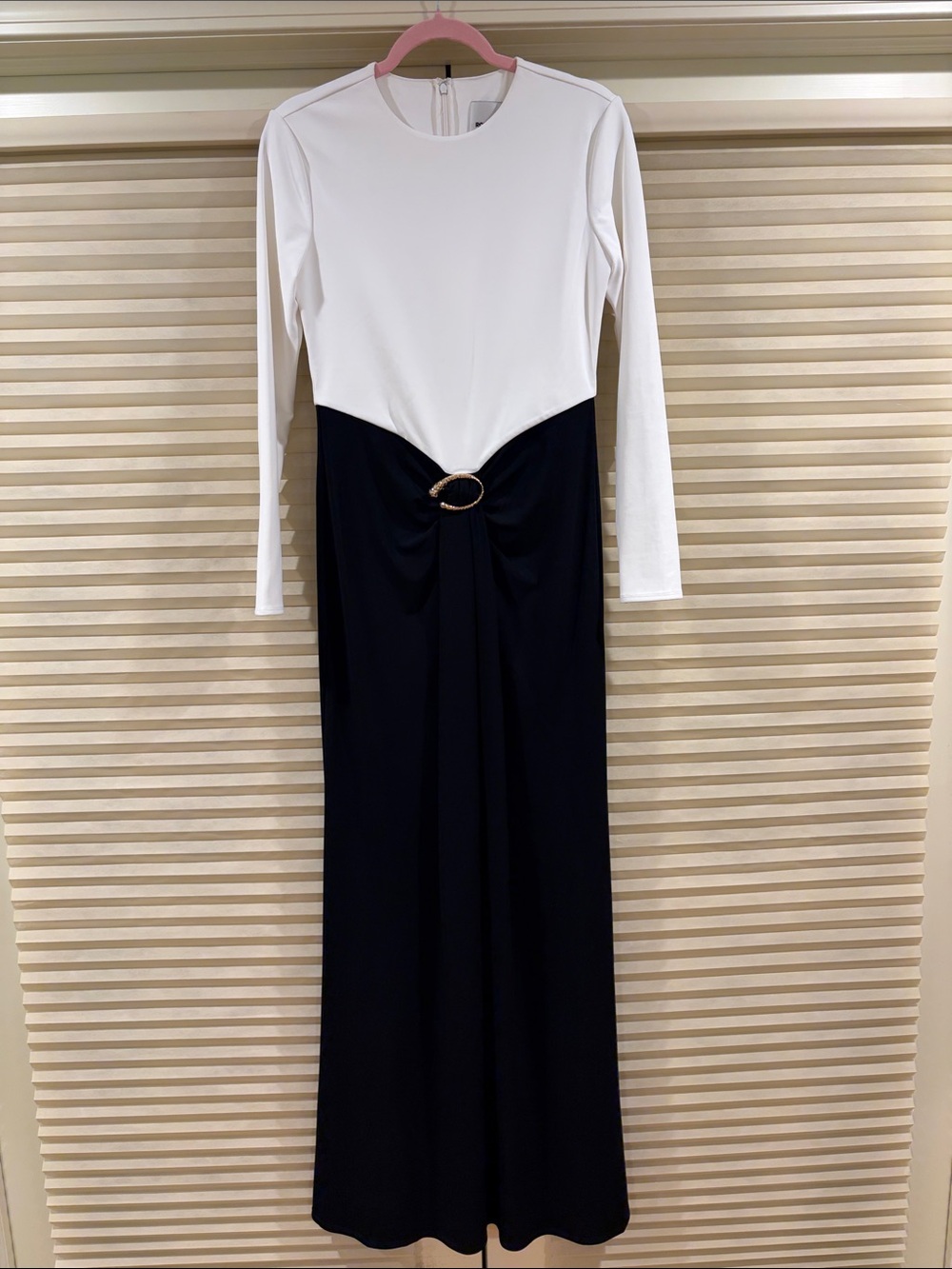 NWOT Roland Mouret Black and White Long Sleeve Maxi Dress with Ring Detail, US 6